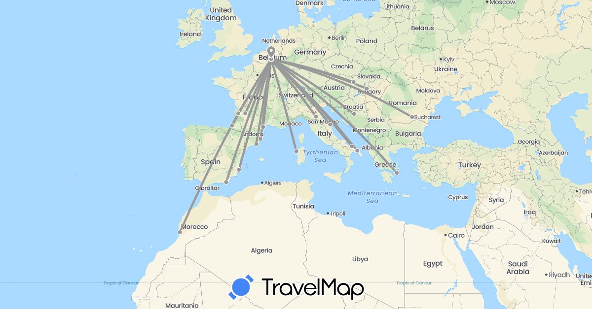 TravelMap itinerary: driving, plane in Bosnia and Herzegovina, Belgium, Spain, France, Greece, Hungary, Italy, Morocco, Romania, Slovakia (Africa, Europe)